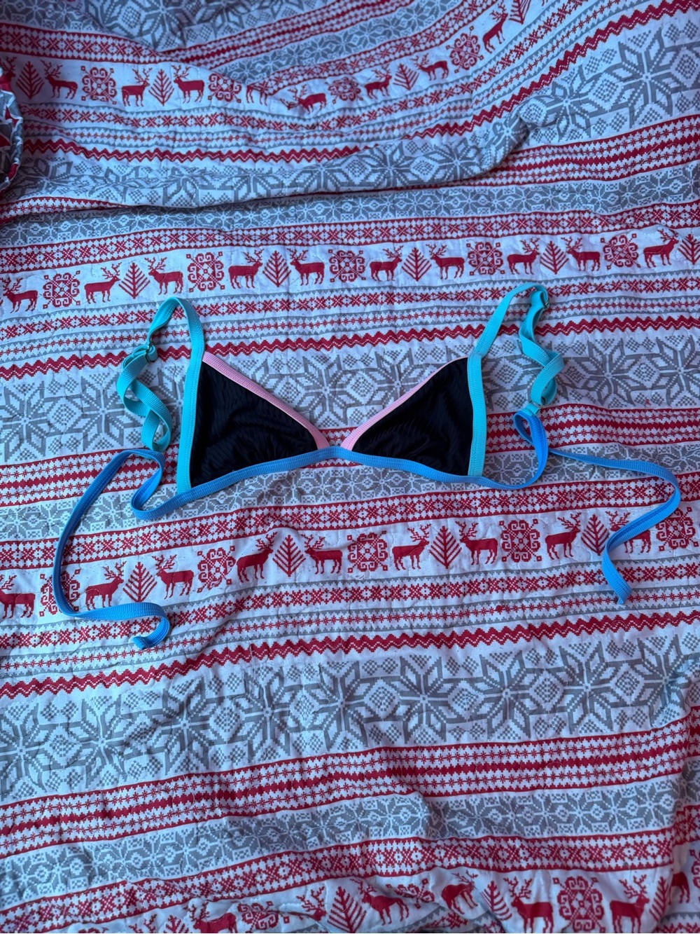 Kids Black Triangle Bikini Top with Aqua & Pink Trim